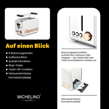 MICHELINO Toaster Retro 2-Scheiben Weiß-Gold – 850W, Edelstahl, 6 Bräunungsstufen & Cool-Touch – Ansicht 4