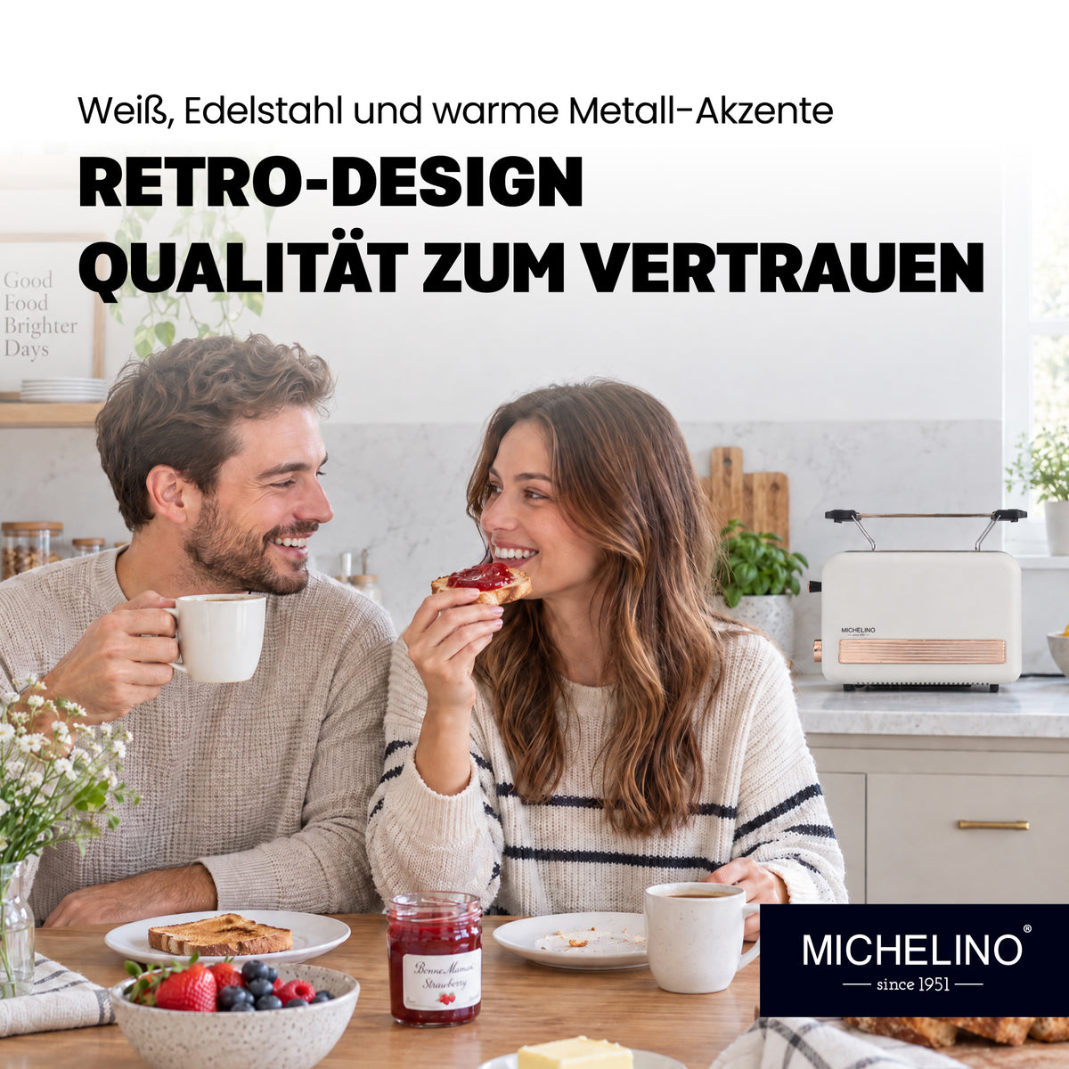 MICHELINO Toaster Retro 2-Scheiben Weiß-Gold – 850W, Edelstahl, 6 Bräunungsstufen & Cool-Touch – Ansicht 5