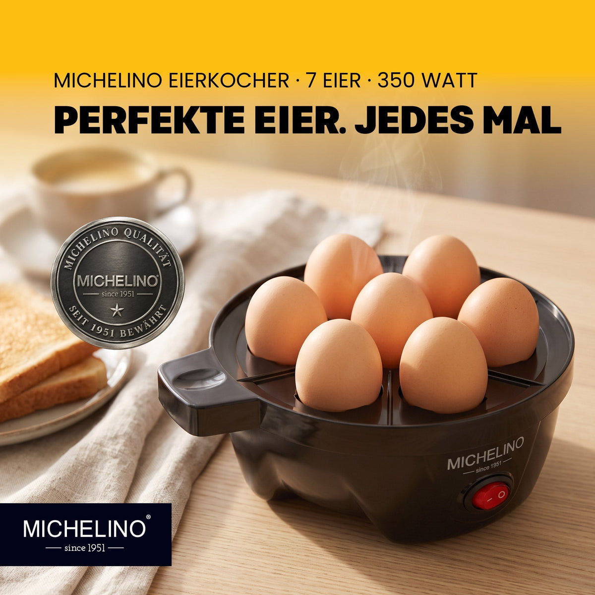 MICHELINO Eierkocher 7 Eier Schwarz – Edelstahl mit Gargradeinsteller & Summer – Ansicht 2