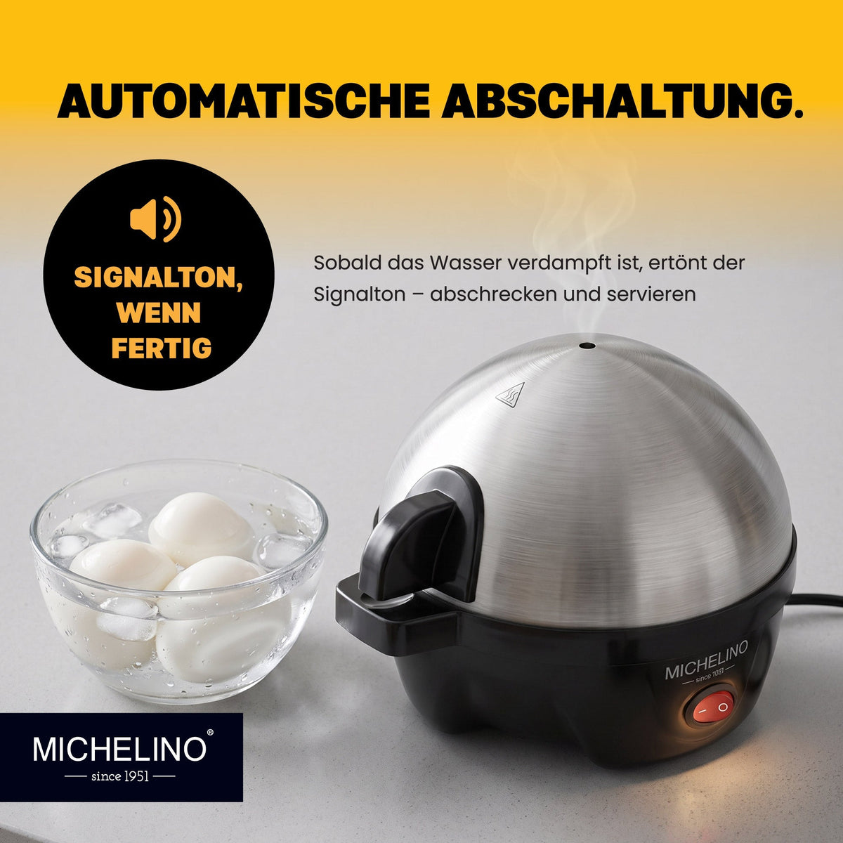 MICHELINO Eierkocher 7 Eier Schwarz – Edelstahl mit Gargradeinsteller & Summer – Ansicht 4