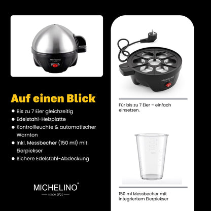 MICHELINO Eierkocher 7 Eier Schwarz – Edelstahl mit Gargradeinsteller & Summer – Ansicht 5