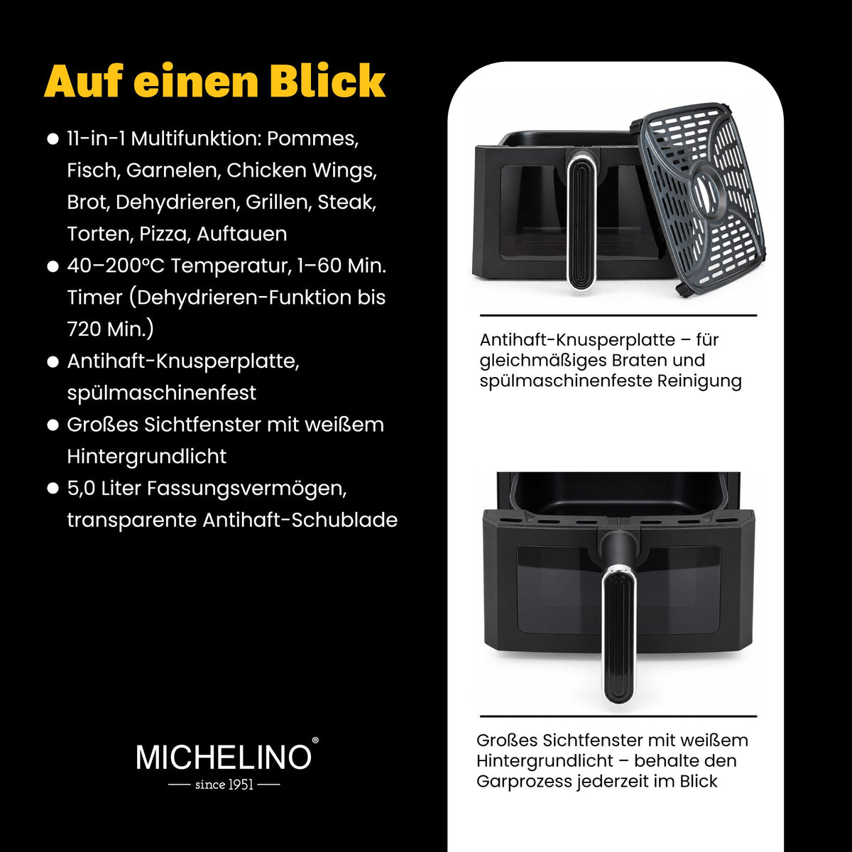 MICHELINO Heißluftfritteuse 5 Liter mit Sichtfenster und Innenbeleuchtung – Ansicht 4
