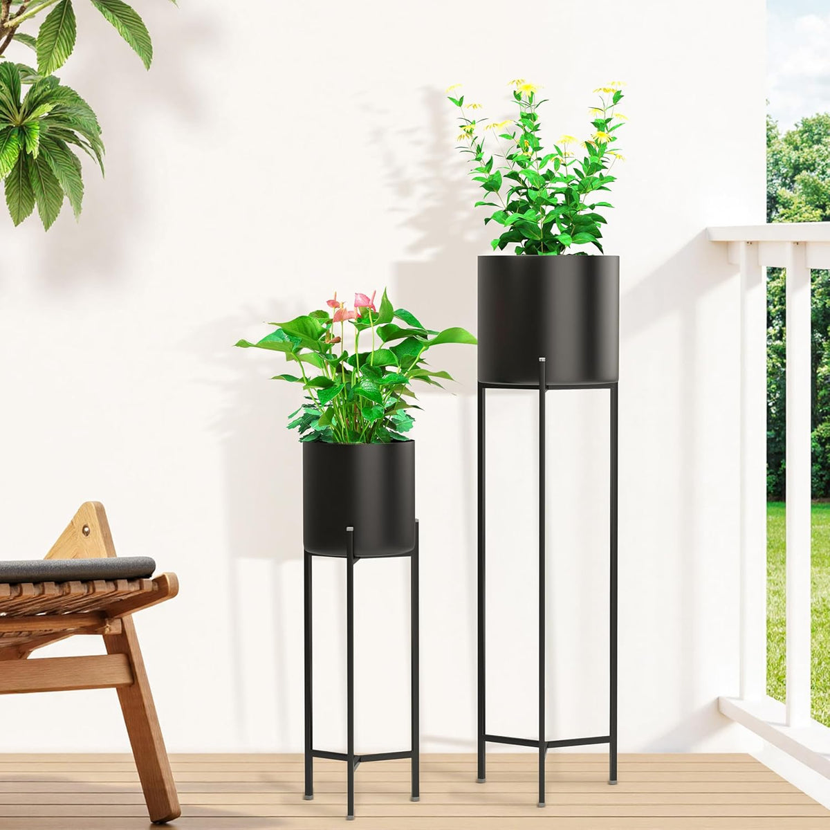RIBELLI 2er-Set Blumentopf-Ständer mit Übertopf – Metall, dreibeiniges Gestell – Ansicht 6