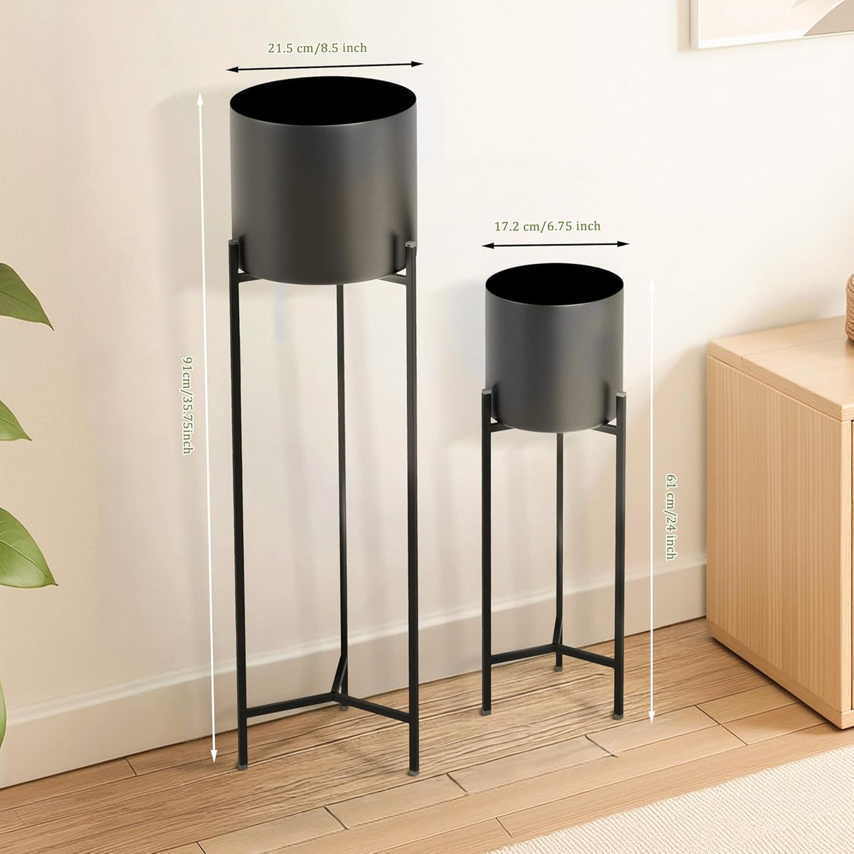 RIBELLI 2er-Set Blumentopf-Ständer mit Übertopf – Metall, dreibeiniges Gestell – Ansicht 3