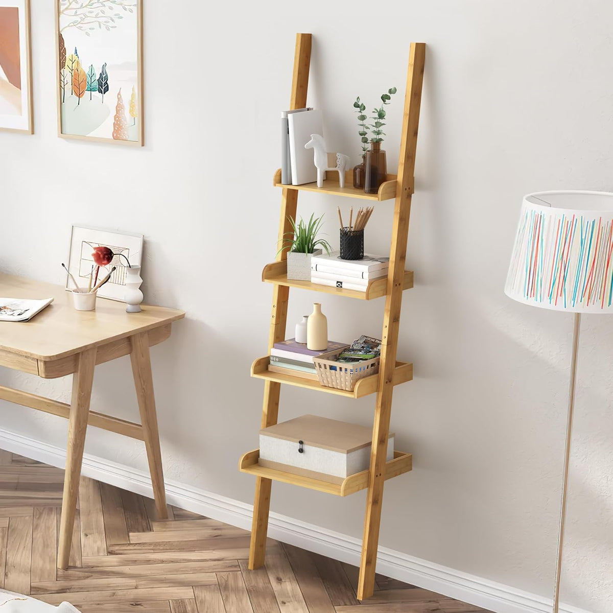 RIBELLI Leiterregal mit 4 Ablagen – Bambus, 175 cm – Ansicht 8