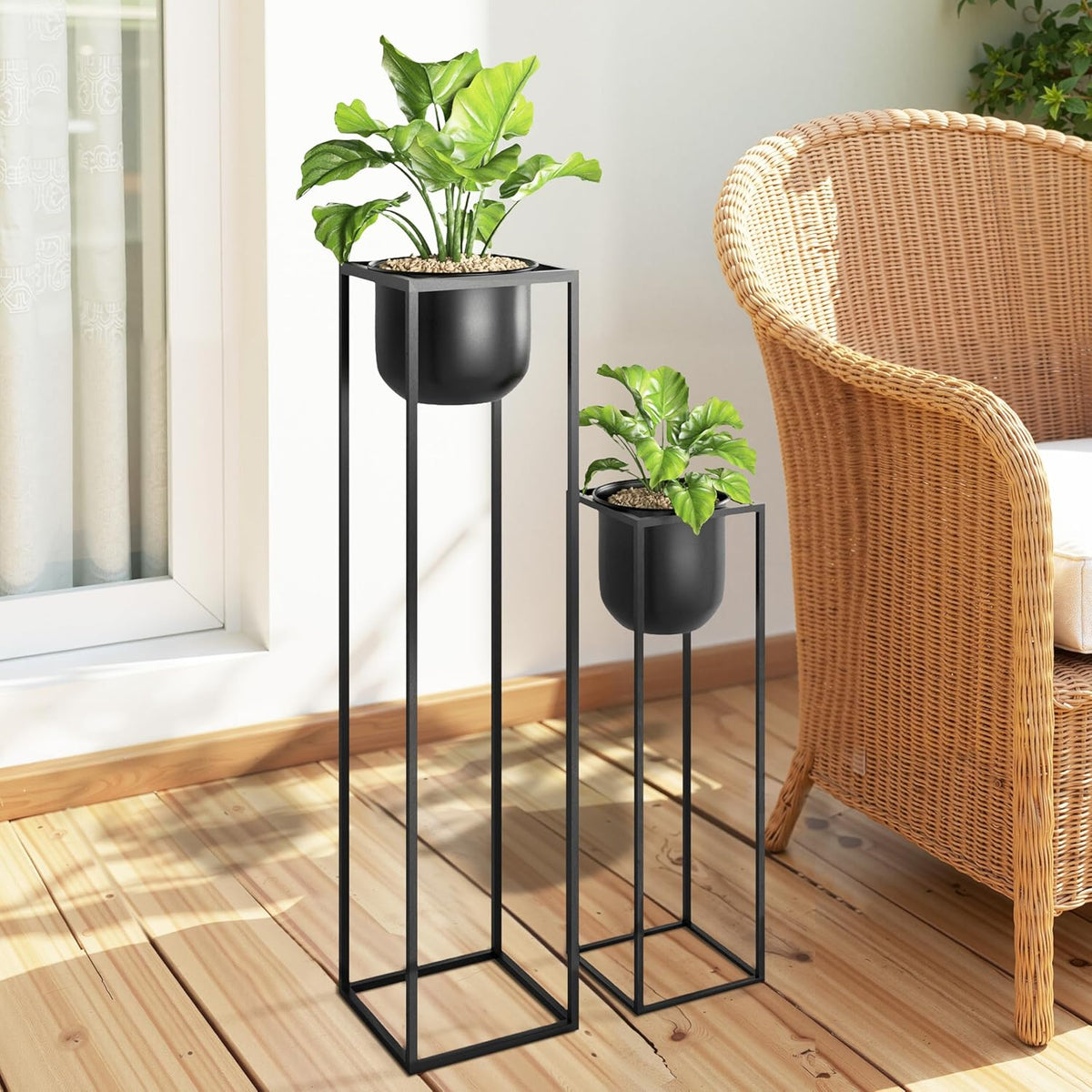 RIBELLI 2er-Set Blumentopf-Ständer mit Übertopf – Metall, eckiges Gestell – Ansicht 2