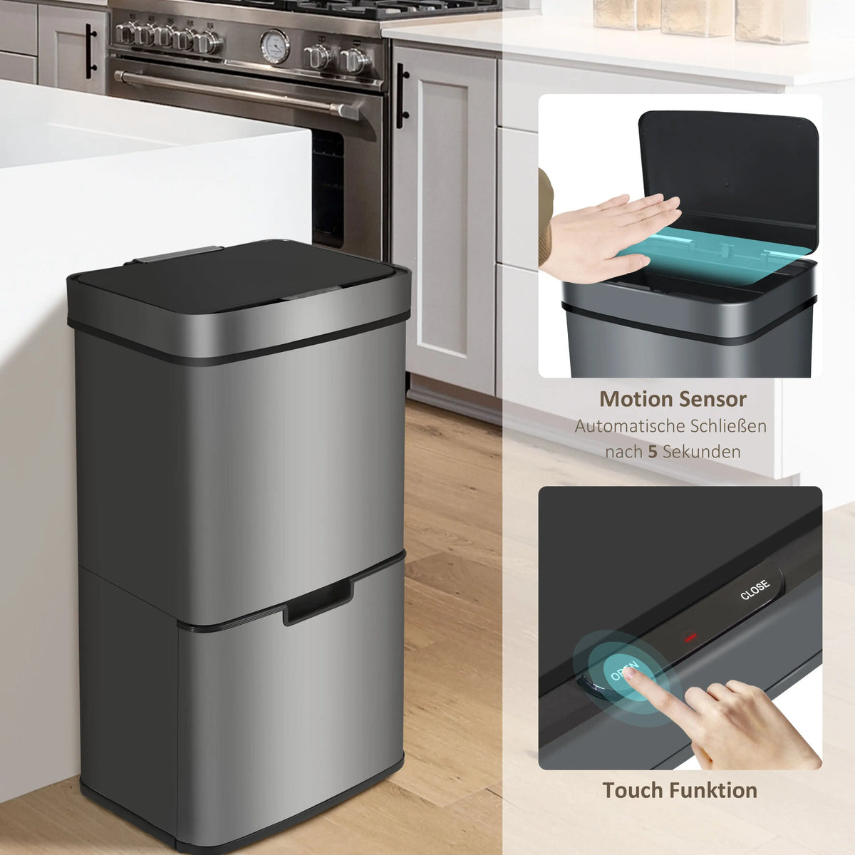 RIBELLI Mülleimer 4 Fächer mit Sensor, 72 l, Edelstahl – Ansicht 14