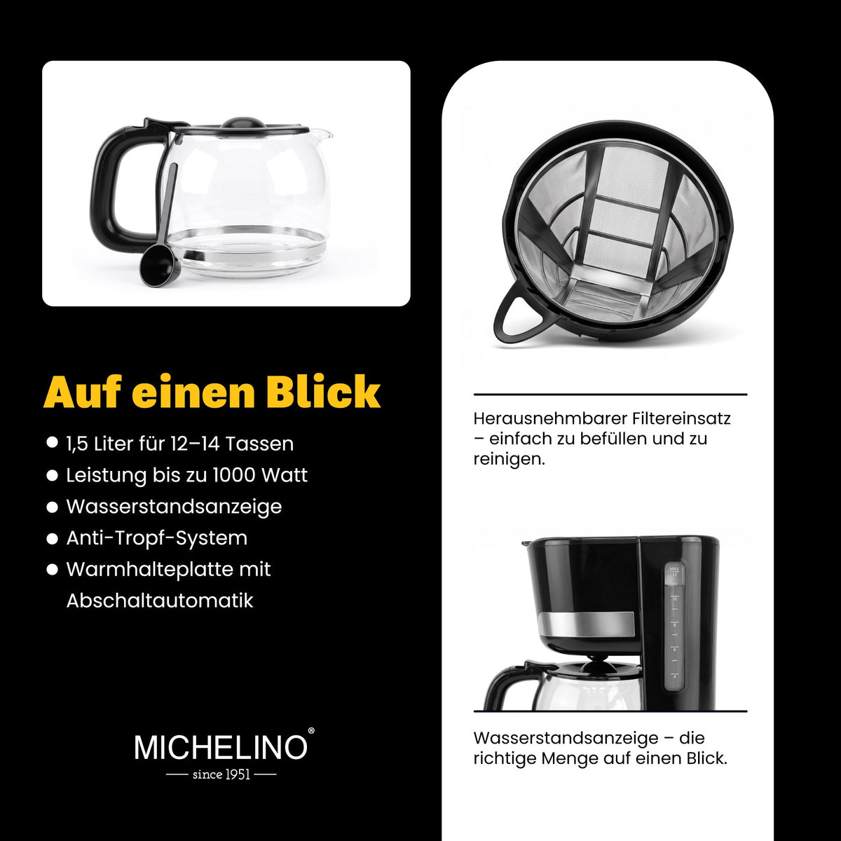 MICHELINO Kaffeemaschine 1,5 Liter Schwarz – Edelstahl, 12 Tassen & Warmhalteplatte – Ansicht 5