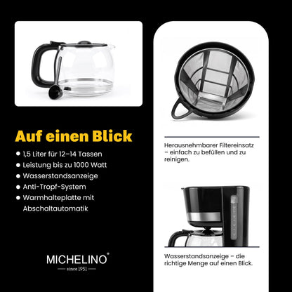 MICHELINO Kaffeemaschine 1,5 Liter Schwarz – Edelstahl, 12 Tassen & Warmhalteplatte – Ansicht 5