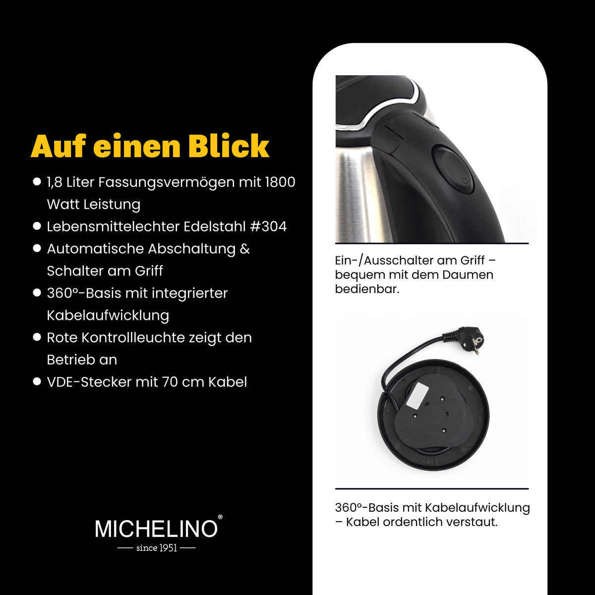 MICHELINO Edelstahl-Wasserkocher 1,8L – 1800W, LED-Anzeige, VDE-Stecker & Eco-Edelstahl #304 – Ansicht 4