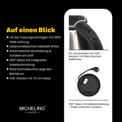 MICHELINO Edelstahl-Wasserkocher 1,8L – 1800W, LED-Anzeige, VDE-Stecker & Eco-Edelstahl #304 – Ansicht 4