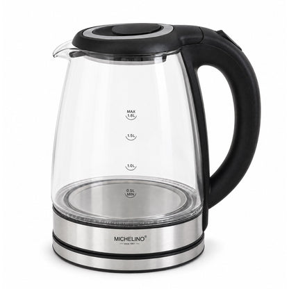 MICHELINO Wasserkocher Glas & Edelstahl Silber 1,8 Liter – mit LED & Kalkfilter