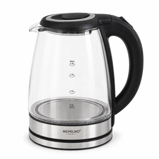 MICHELINO Wasserkocher Glas & Edelstahl Silber 1,8 Liter – mit LED & Kalkfilter