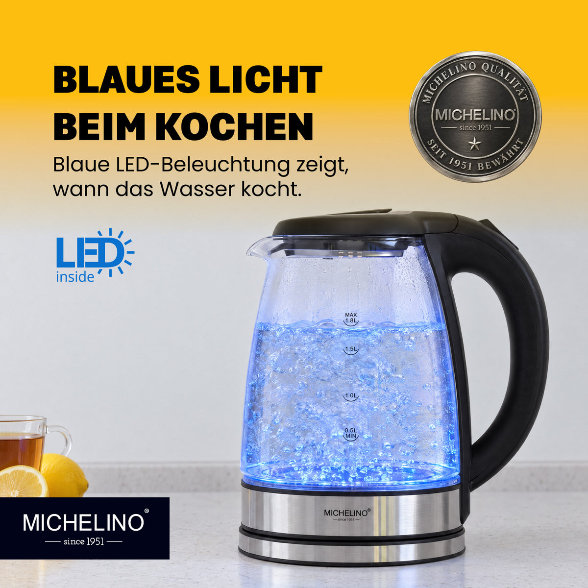 MICHELINO Wasserkocher Glas & Edelstahl Silber 1,8 Liter – mit LED & Kalkfilter – Ansicht 3