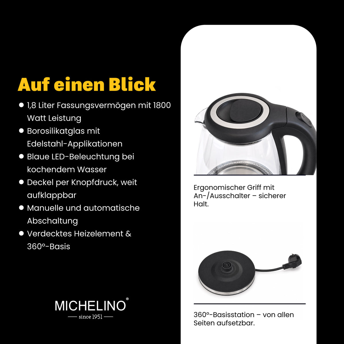 MICHELINO Wasserkocher Glas & Edelstahl Silber 1,8 Liter – mit LED & Kalkfilter – Ansicht 4