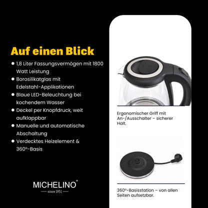 MICHELINO Wasserkocher Glas & Edelstahl Silber 1,8 Liter – mit LED & Kalkfilter – Ansicht 4