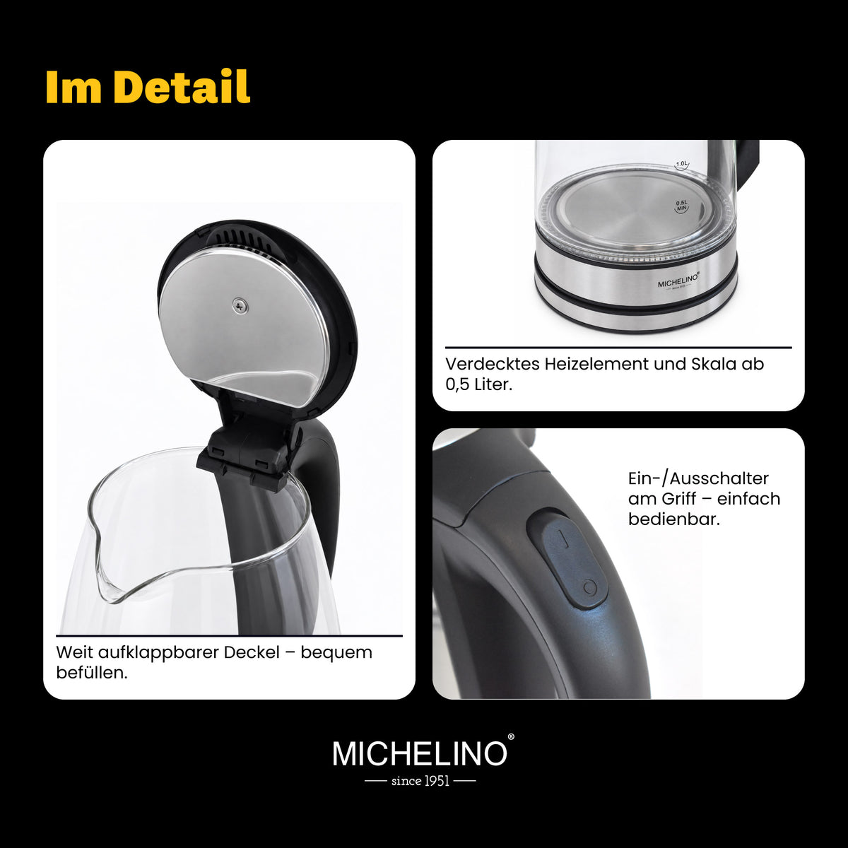 MICHELINO Wasserkocher Glas & Edelstahl Silber 1,8 Liter – mit LED & Kalkfilter – Ansicht 5