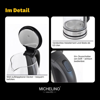 MICHELINO Wasserkocher Glas & Edelstahl Silber 1,8 Liter – mit LED & Kalkfilter – Ansicht 5