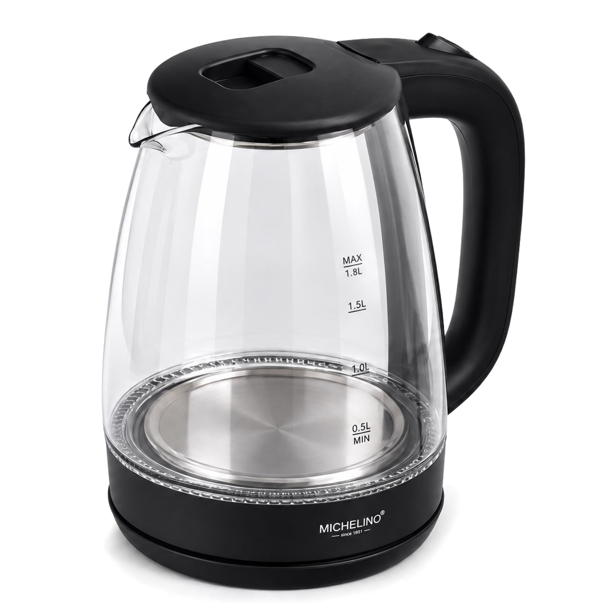 MICHELINO Wasserkocher 1,8 Liter Schwarz – Glas mit LED-Beleuchtung