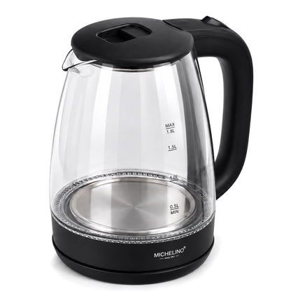MICHELINO Wasserkocher 1,8 Liter Schwarz – Glas mit LED-Beleuchtung