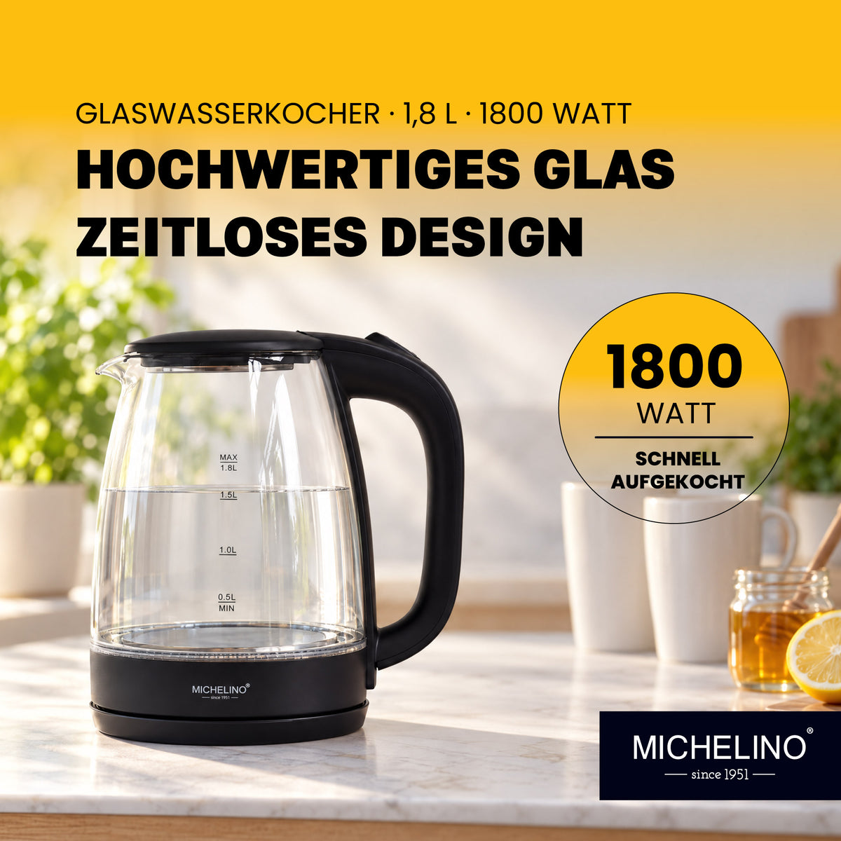 MICHELINO Wasserkocher 1,8 Liter Schwarz – Glas mit LED-Beleuchtung – Ansicht 2