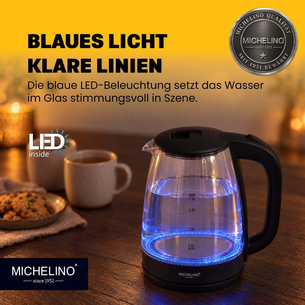 MICHELINO Wasserkocher 1,8 Liter Schwarz – Glas mit LED-Beleuchtung – Ansicht 3