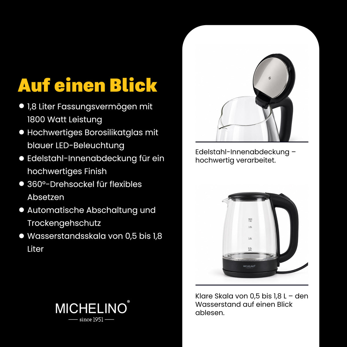 MICHELINO Wasserkocher 1,8 Liter Schwarz – Glas mit LED-Beleuchtung – Ansicht 4