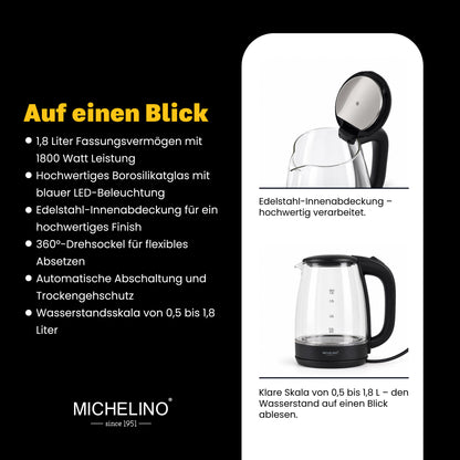 MICHELINO Wasserkocher 1,8 Liter Schwarz – Glas mit LED-Beleuchtung – Ansicht 4