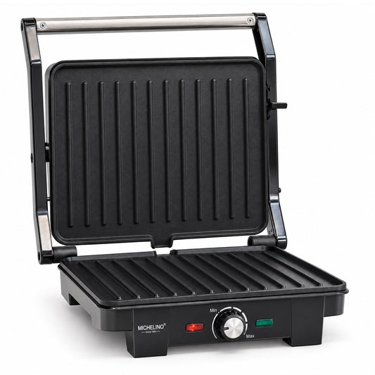 MICHELINO Kontaktgrill 1600W – 25,5×18 cm, Tischgrillfunktion, Fettablauf & 180°-Öffnung