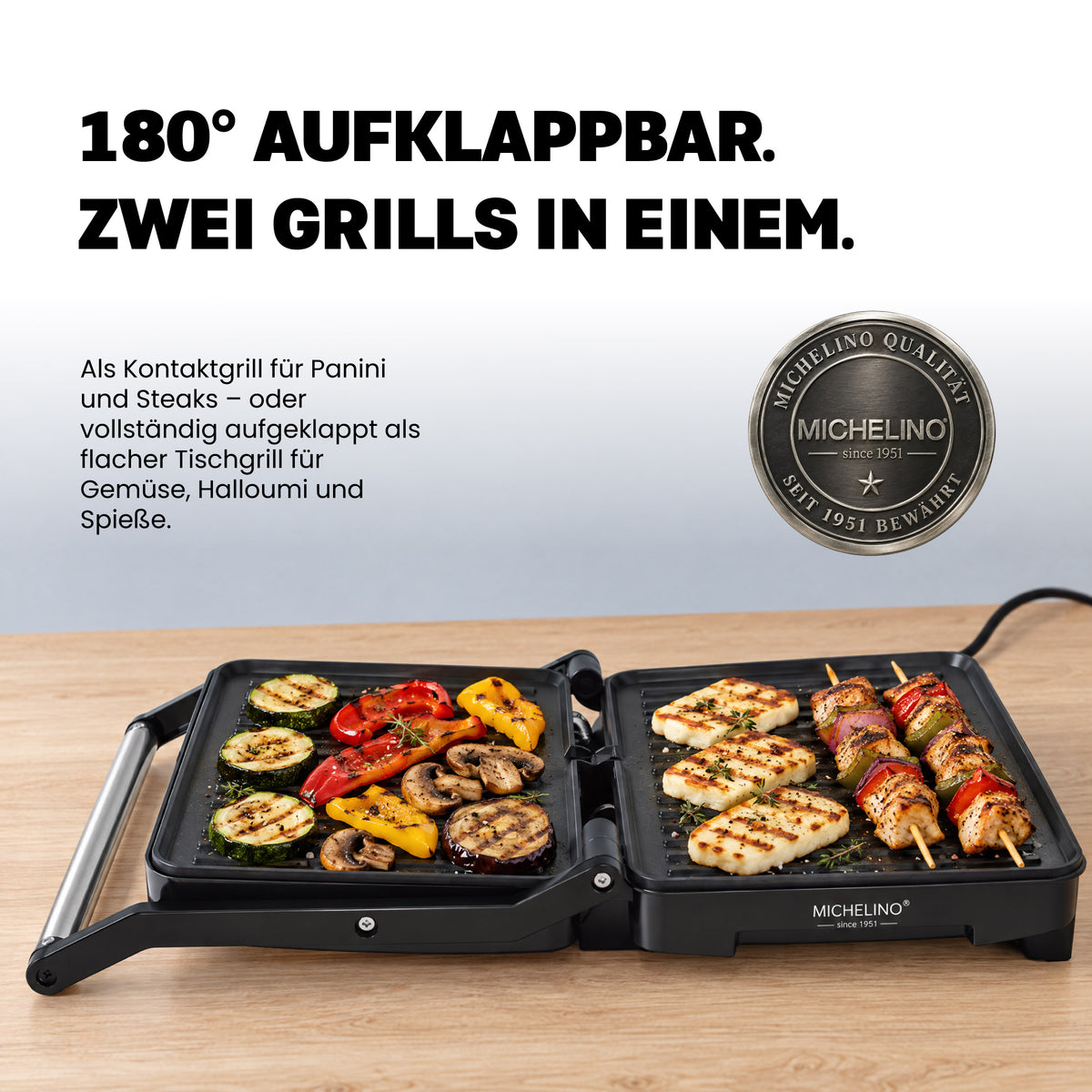 MICHELINO Kontaktgrill 1600W – 25,5×18 cm, Tischgrillfunktion, Fettablauf & 180°-Öffnung – Ansicht 3