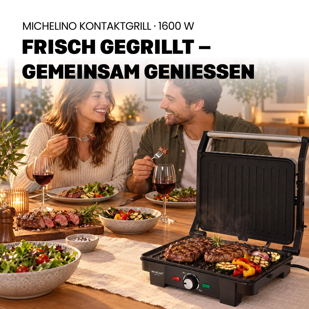 MICHELINO Kontaktgrill 1600W – 25,5×18 cm, Tischgrillfunktion, Fettablauf & 180°-Öffnung – Ansicht 8
