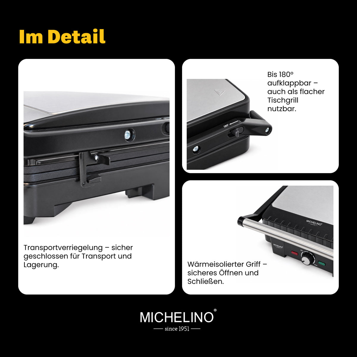 MICHELINO Kontaktgrill 1600W – 25,5×18 cm, Tischgrillfunktion, Fettablauf & 180°-Öffnung – Ansicht 9