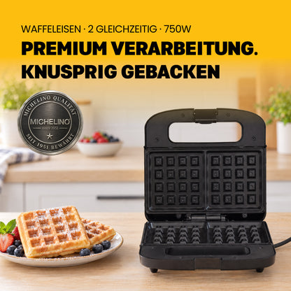 MICHELINO Waffeleisen 2er Eckig Schwarz – 750W, Antihaft, Verriegelung & vertikale Lagerung – Ansicht 2