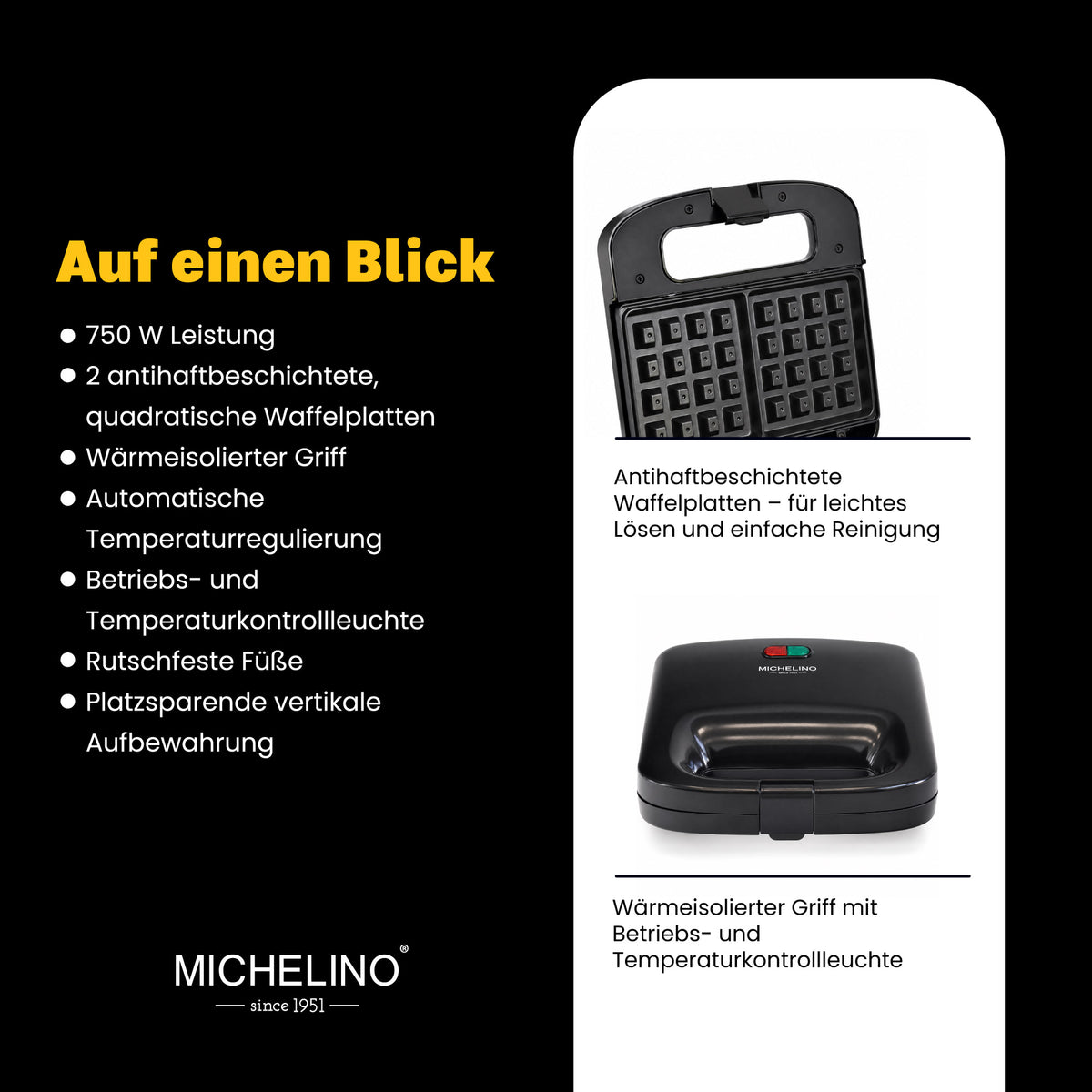 MICHELINO Waffeleisen 2er Eckig Schwarz – 750W, Antihaft, Verriegelung & vertikale Lagerung – Ansicht 4