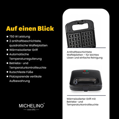 MICHELINO Waffeleisen 2er Eckig Schwarz – 750W, Antihaft, Verriegelung & vertikale Lagerung – Ansicht 4