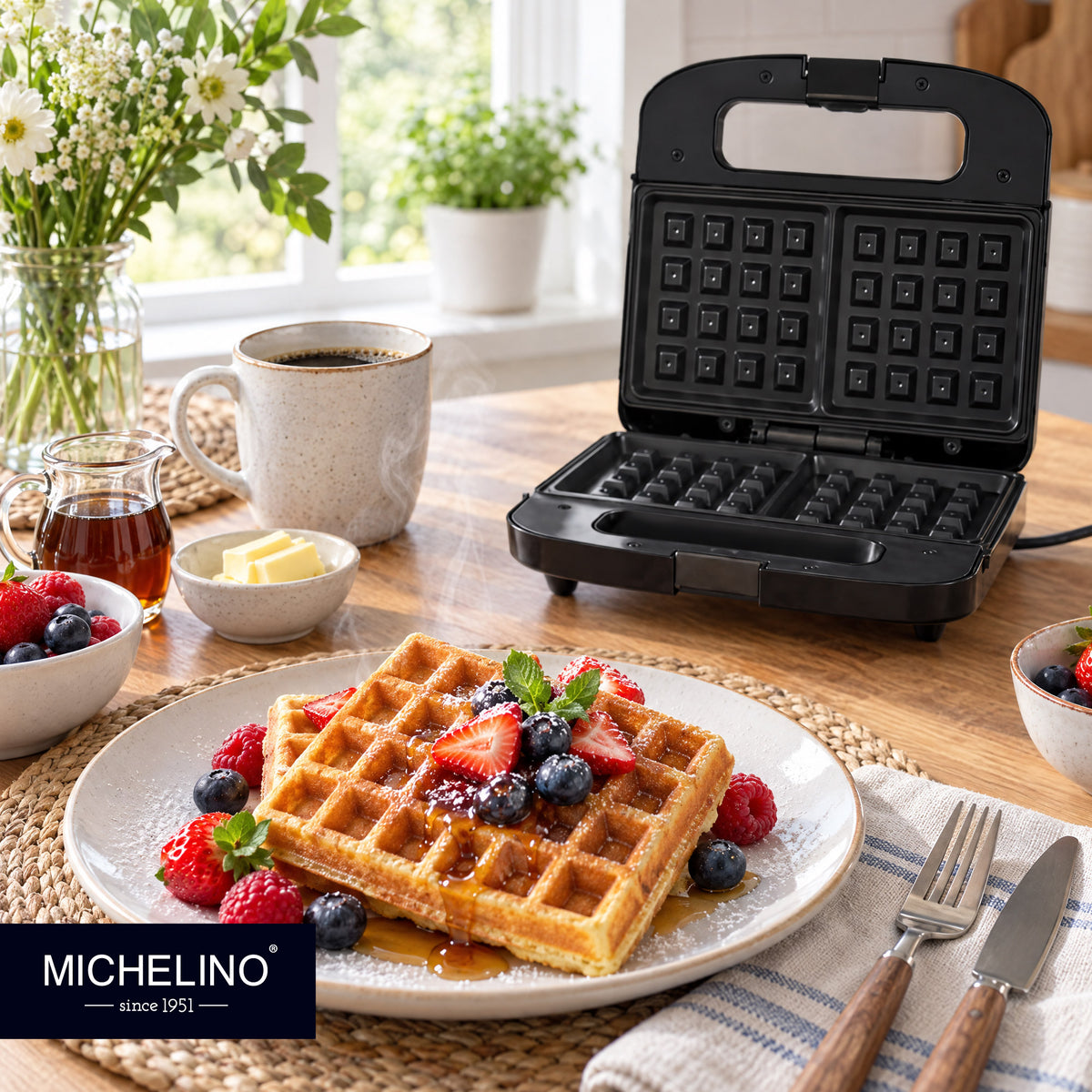 MICHELINO Waffeleisen 2er Eckig Schwarz – 750W, Antihaft, Verriegelung & vertikale Lagerung – Ansicht 5