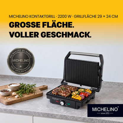 MICHELINO Kontaktgrill XXL 2200W – 29×24 cm, 150°/180° Tischgrill, Fettablauf & Temperaturwahl – Ansicht 2