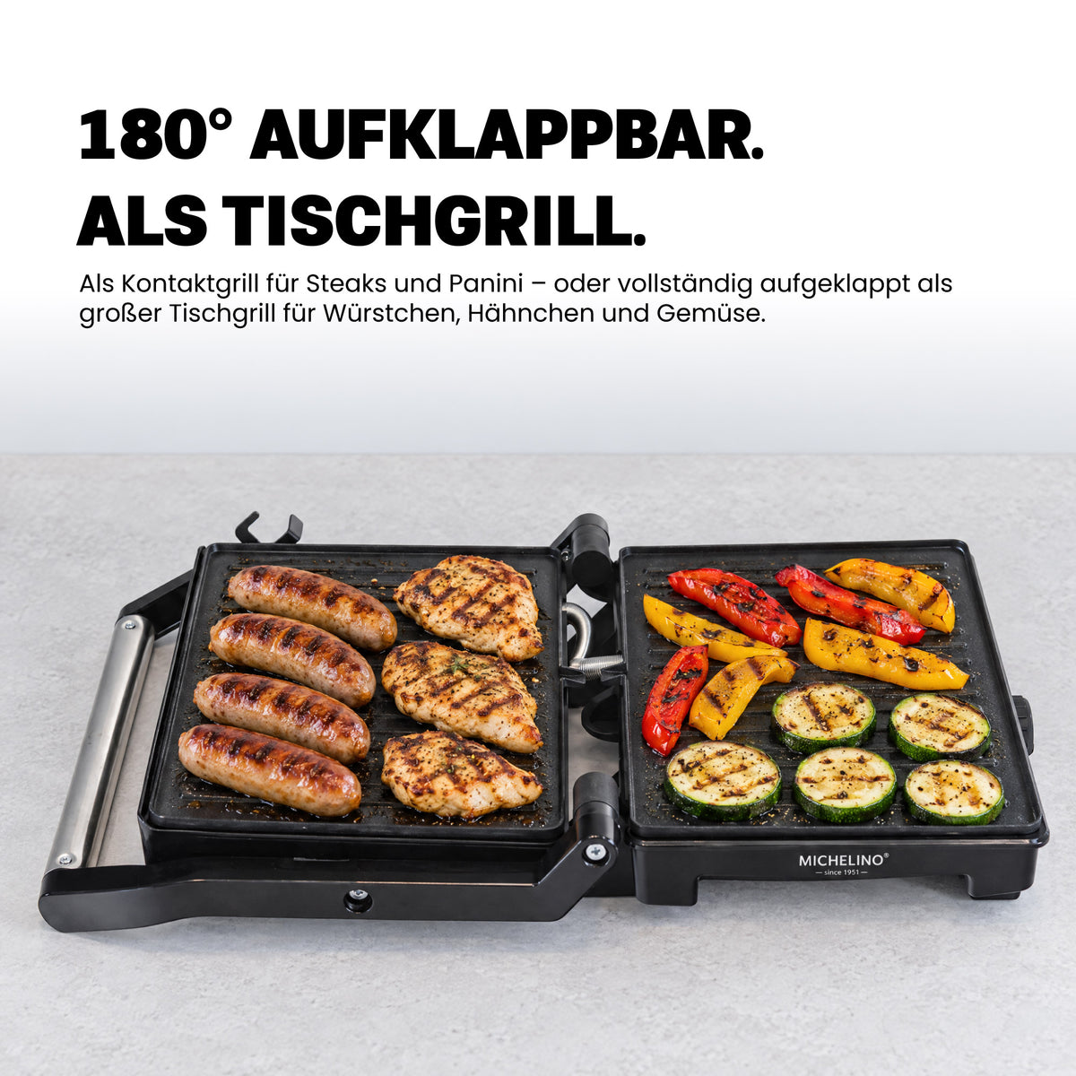 MICHELINO Kontaktgrill XXL 2200W – 29×24 cm, 150°/180° Tischgrill, Fettablauf & Temperaturwahl – Ansicht 3