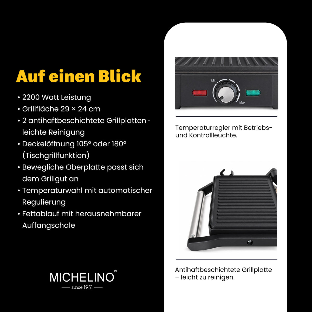 MICHELINO Kontaktgrill XXL 2200W – 29×24 cm, 150°/180° Tischgrill, Fettablauf & Temperaturwahl – Ansicht 4