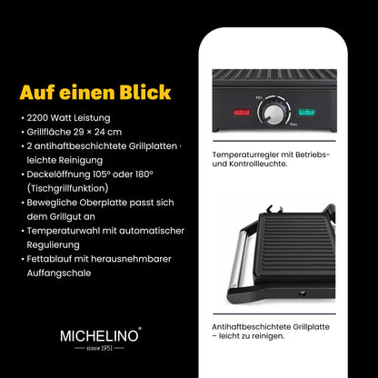 MICHELINO Kontaktgrill XXL 2200W – 29×24 cm, 150°/180° Tischgrill, Fettablauf & Temperaturwahl – Ansicht 4
