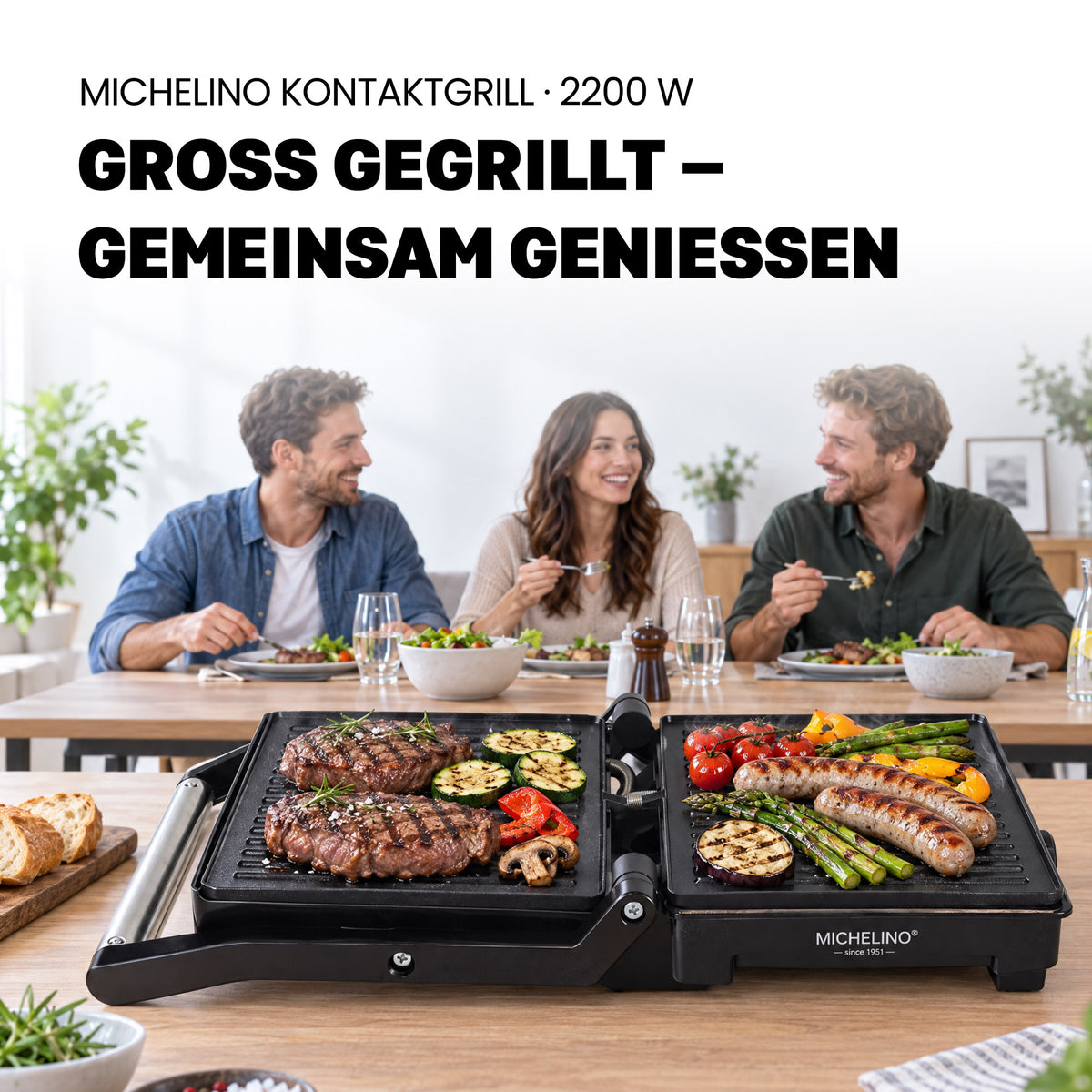MICHELINO Kontaktgrill XXL 2200W – 29×24 cm, 150°/180° Tischgrill, Fettablauf & Temperaturwahl – Ansicht 8