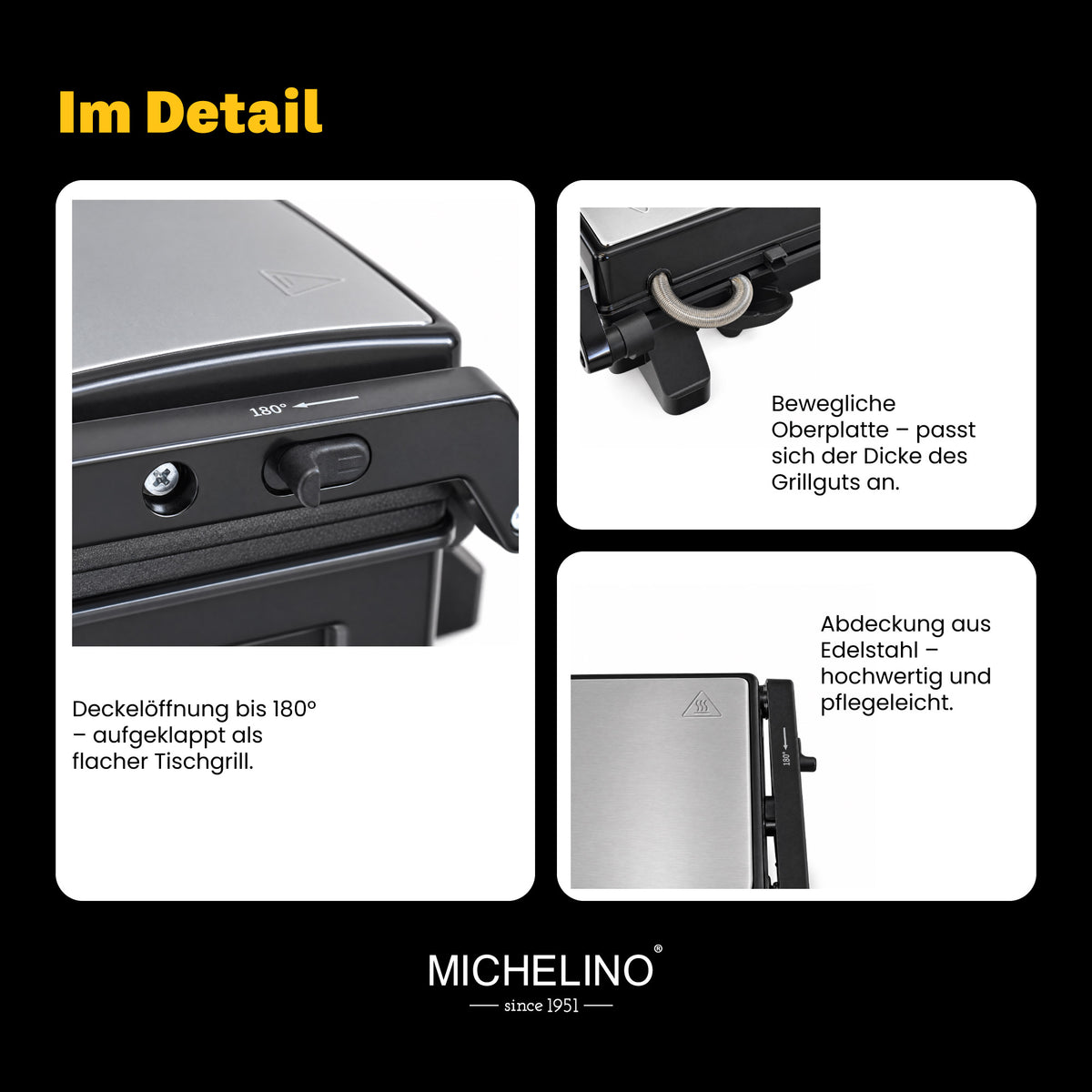 MICHELINO Kontaktgrill XXL 2200W – 29×24 cm, 150°/180° Tischgrill, Fettablauf & Temperaturwahl – Ansicht 9