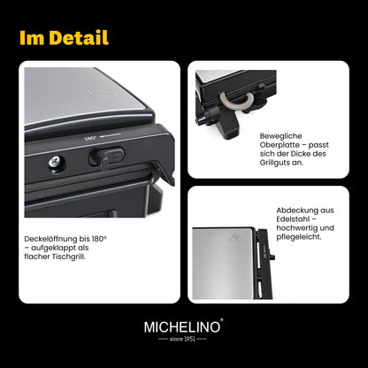 MICHELINO Kontaktgrill XXL 2200W – 29×24 cm, 150°/180° Tischgrill, Fettablauf & Temperaturwahl – Ansicht 9