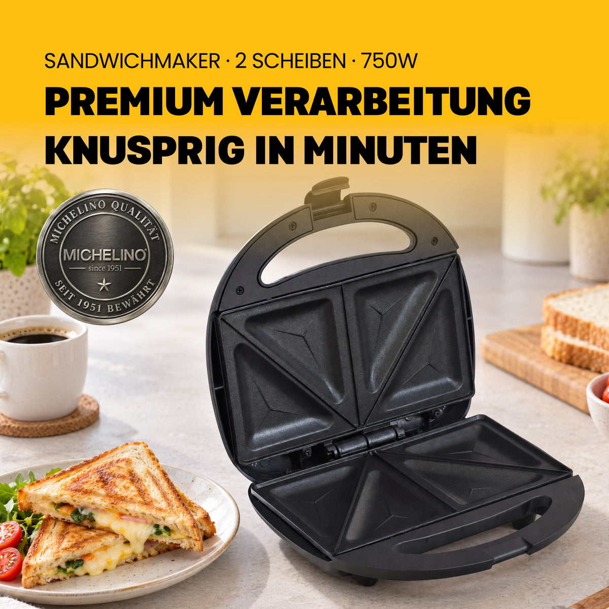 MICHELINO Sandwichmaker 2er Schwarz Matt – 750W, Keramik-Antihaft, Verriegelung & Kabelaufwicklung – Ansicht 2