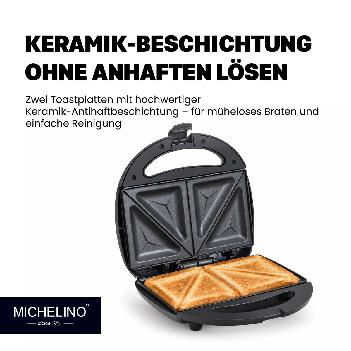 MICHELINO Sandwichmaker 2er Schwarz Matt – 750W, Keramik-Antihaft, Verriegelung & Kabelaufwicklung – Ansicht 3