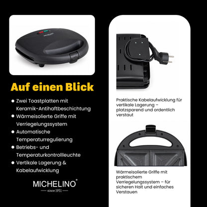 MICHELINO Sandwichmaker 2er Schwarz Matt – 750W, Keramik-Antihaft, Verriegelung & Kabelaufwicklung – Ansicht 4