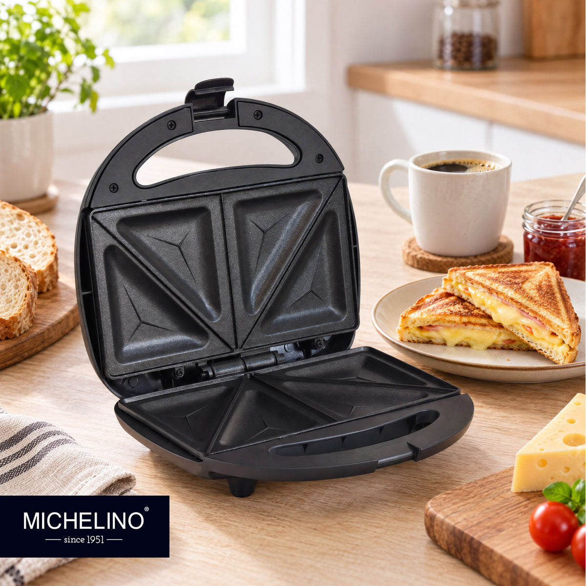 MICHELINO Sandwichmaker 2er Schwarz Matt – 750W, Keramik-Antihaft, Verriegelung & Kabelaufwicklung – Ansicht 5