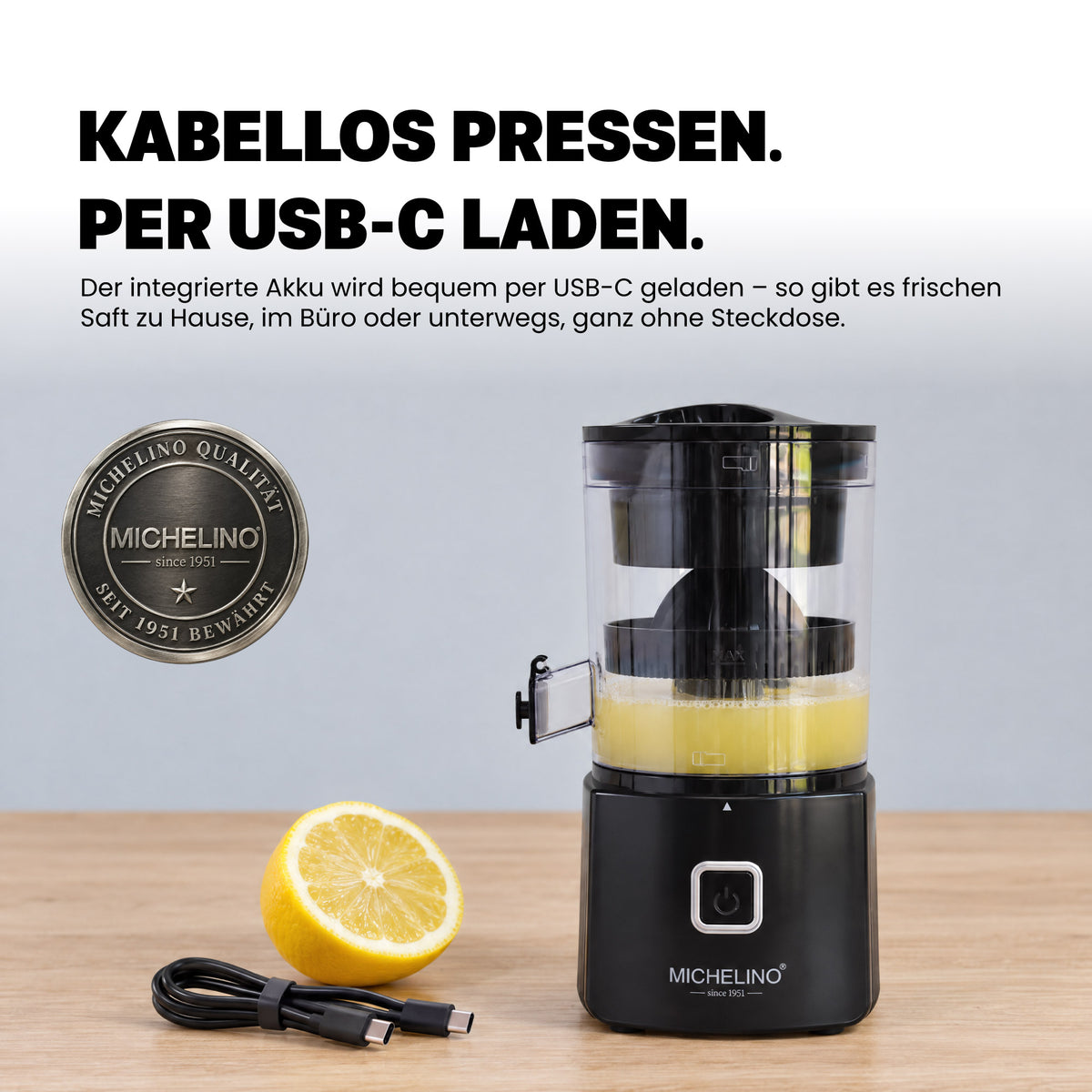 MICHELINO Elektrische Zitruspresse Tragbar – 45W, 220ml, USB-C Akku, leise & EIN/AUS-Schalter – Ansicht 3