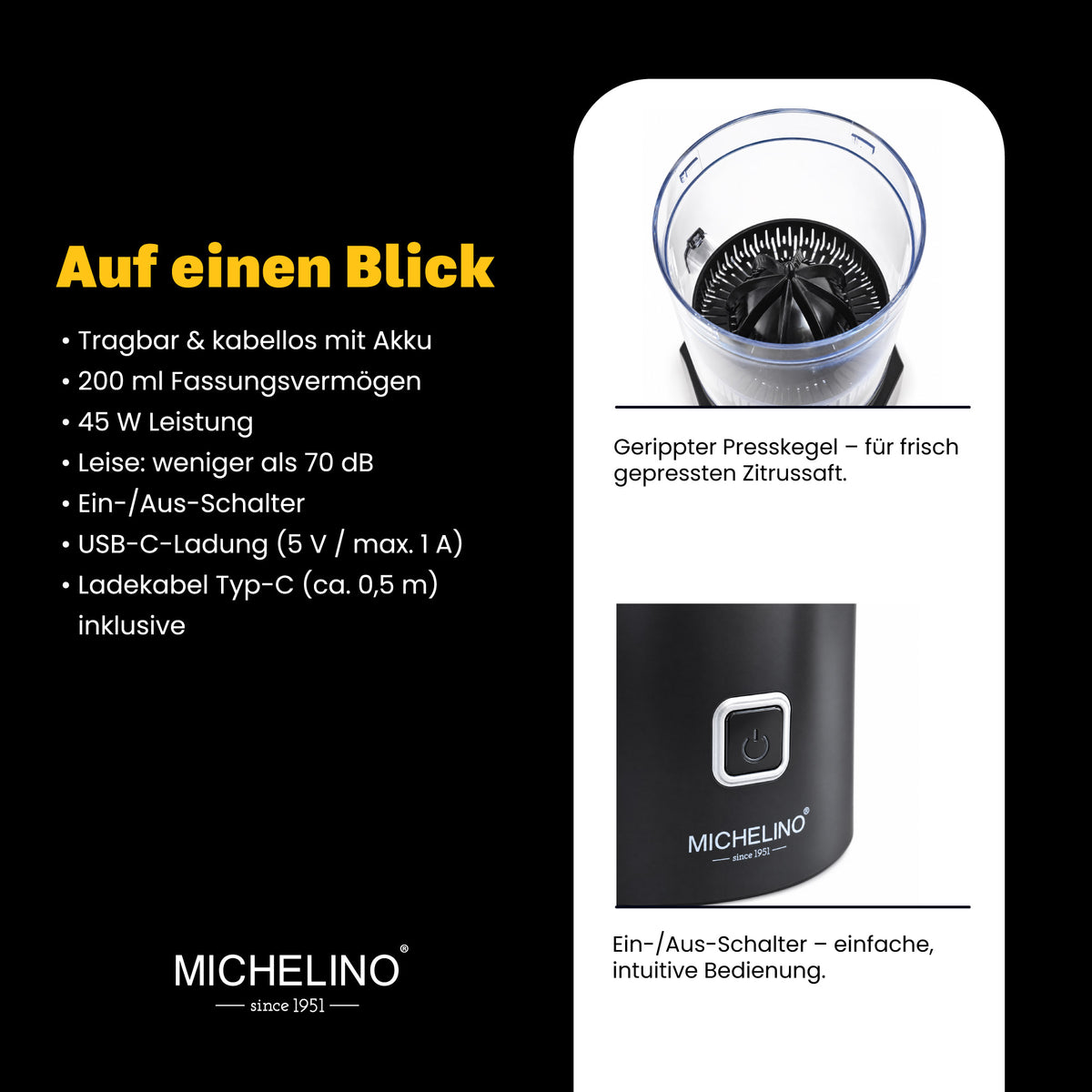 MICHELINO Elektrische Zitruspresse Tragbar – 45W, 220ml, USB-C Akku, leise & EIN/AUS-Schalter – Ansicht 4