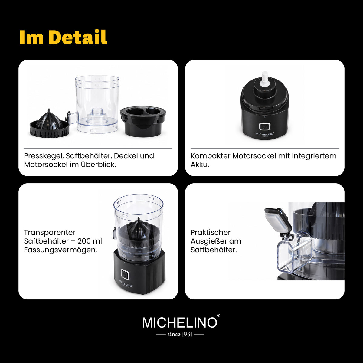 MICHELINO Elektrische Zitruspresse Tragbar – 45W, 220ml, USB-C Akku, leise & EIN/AUS-Schalter – Ansicht 9